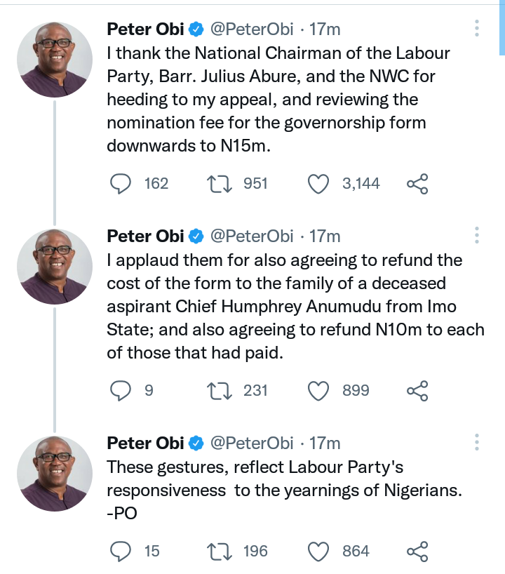 Peter Obi Reacts As LP Review The Gov. Fee Down To N15m And Refund N10m To Those That Have Paid