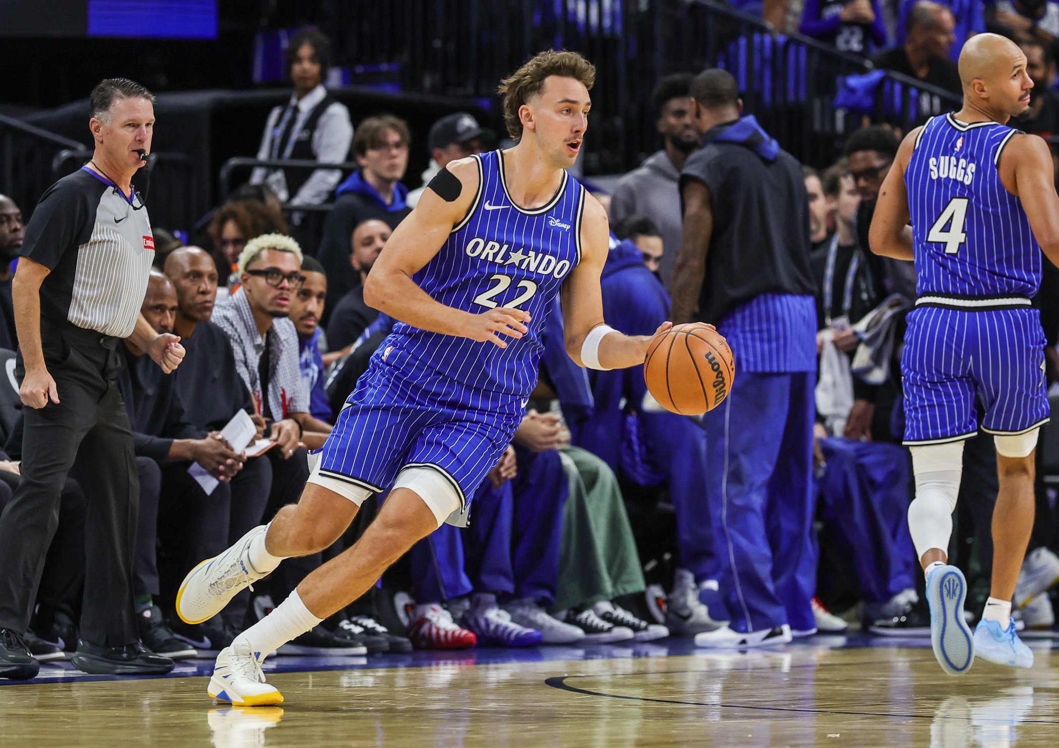 Oct 21, 2026; Orlando, Florida, USA;  Orlando Magic forward Franz Wagner (22) dribbles during the first quarter against the Atlanta Hawks at Kia Center.  Mandatory Credit: Mike Watters-Imagn Images