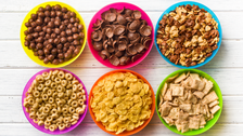 Bowls of factory-made breakfast cereals 
