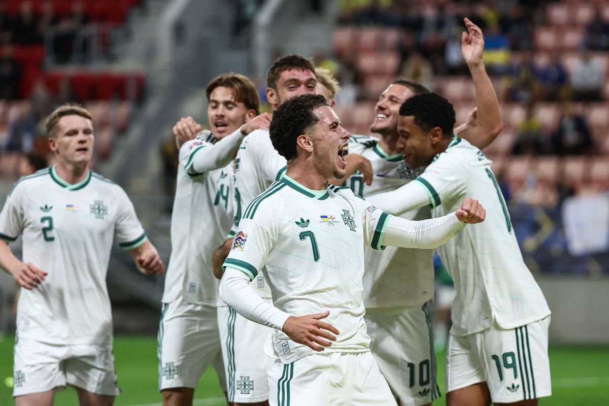 Northern Ireland's Kieran Morrison celebrates after Ciaron Brown scores a goal against Ukraine