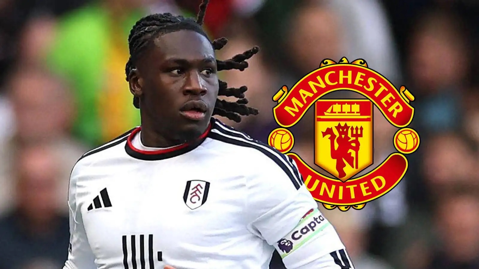 Fulham star Calvin Bassey with a Man Utd badge