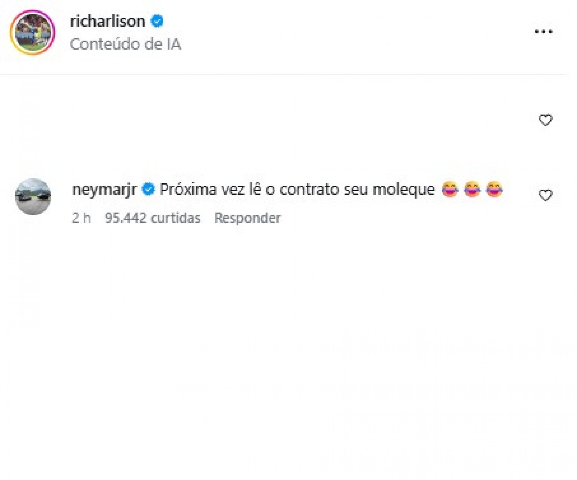  Neymar chamou Richarlison de 'moleque' após atacante do Tottenham Hotspur ironizar fuga de Flávio Bolsonaro - Reprodução / Instagram