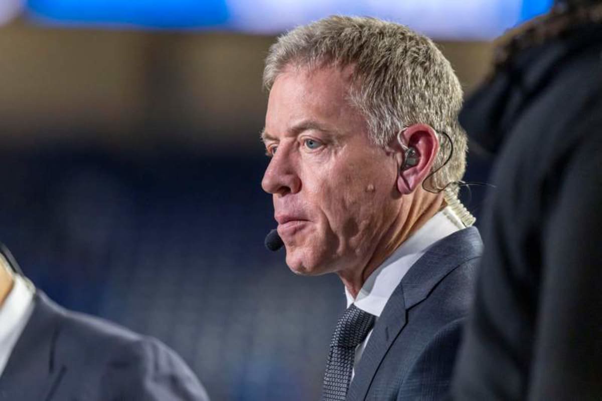 Oct 20, 2025; Detroit, Michigan, USA; ESPN broadcaster Troy Aikman before the game between the Tampa Bay Buccaneers and the Detroit Lions at Ford Field. © David Reginek-Imagn Images