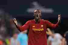 Tammy Abraham of AS Roma encourages fans to get behind the team prior to the start of extra time in the UEFA Europa League 2022/23 final match betw...