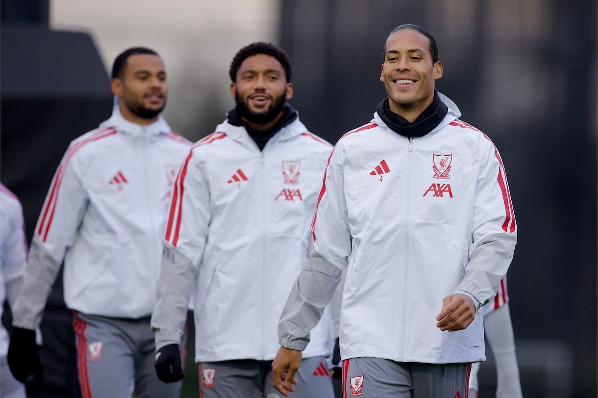 KIRKBY, ENGLAND - Monday, October 19, 2026: Liverpool's Joe Gomez (L) and captain Virgil van Dijk during a training session at the AXA Training Centre ahead of the UEFA Champions League 2026/27 League Phase MD3 match between Liverpool FC and Villarreal CF. (Photo by David Rawcliffe/Propaganda)