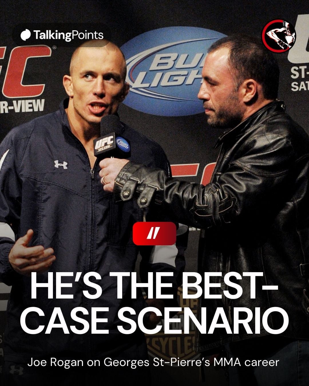 Joe Rogan interviews Georges St-Pierre on stage at the UFC 111 weigh-ins