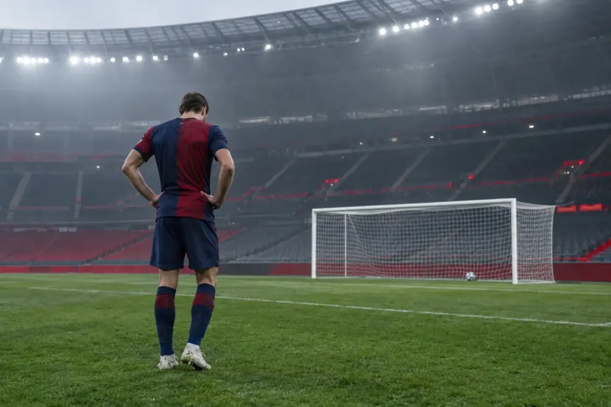Lone Barcelona-style defender facing a ball in the net during a tense Champions League match