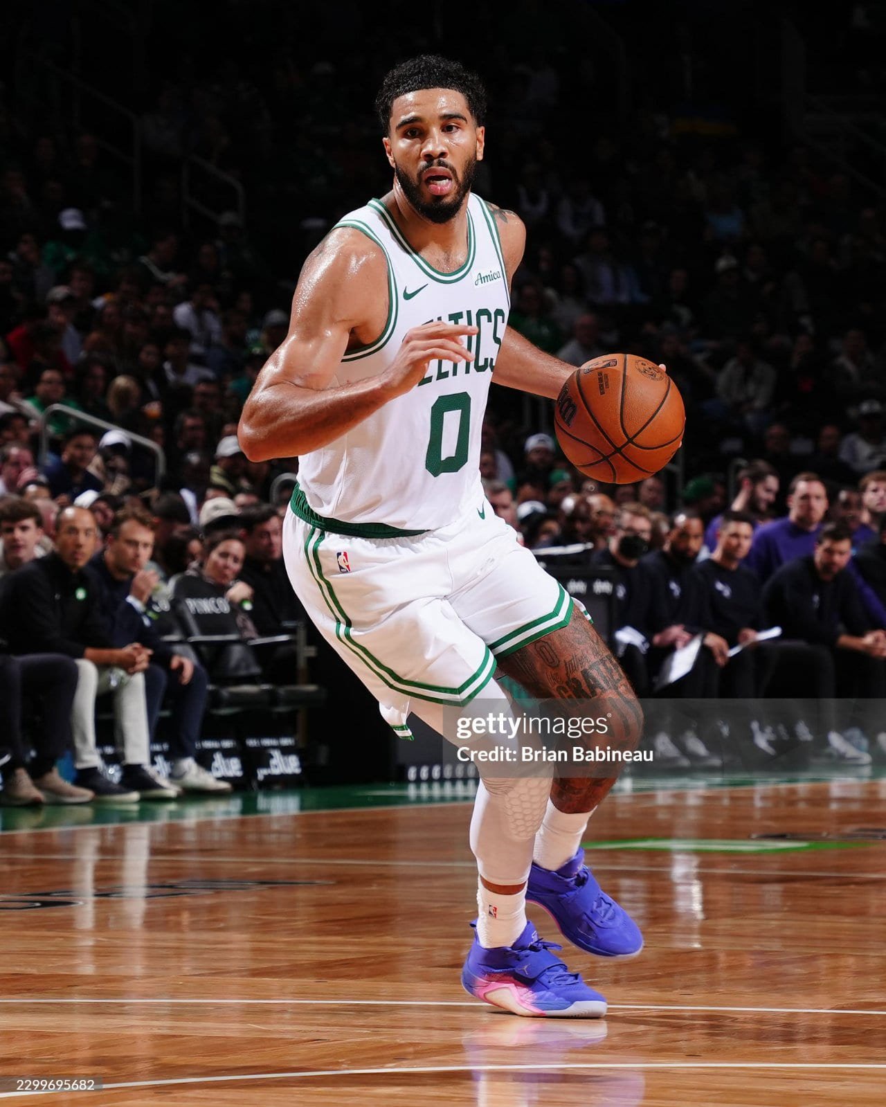 Jayson Tatum of the Boston Celtics dribbles the ball during the preseason game against the Charlotte Hornets. (Photo by Brian Babineau/Getty Images)