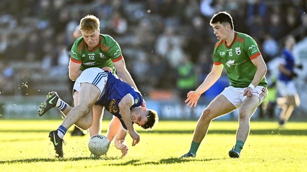 18 October 2026; Paddy Meade of Kingscourt Stars is tackled by Daire Madden of Gowna during the Cavan County Senior Club Football Championship final match between Gowna and Kingscourt Stars at Kingspan Breffni in Cavan. Photo by Tyler Miller/Sportsfile