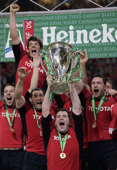 Captain Anthony Foley lifts the trophy as Munster are crowned European champions in 2006. Photograph: Billy Stickland/Inpho