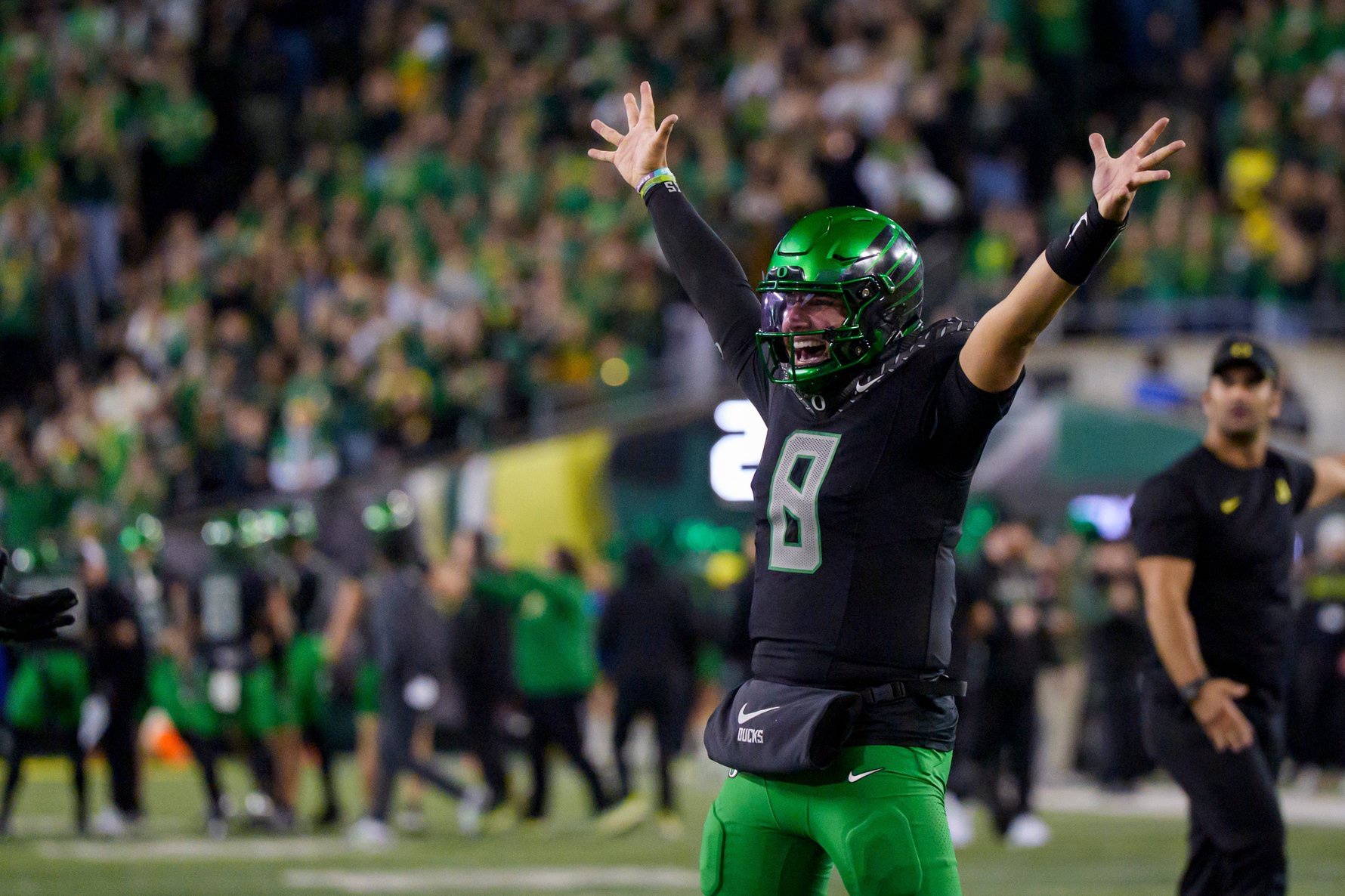 Oregon Ducks quarterback Dylan Raiola celebrates as the Oregon Ducks host the Nebraska Cornhuskers on Oct. 17, 2026, at Autzen Stadium in Eugene, Oregon.