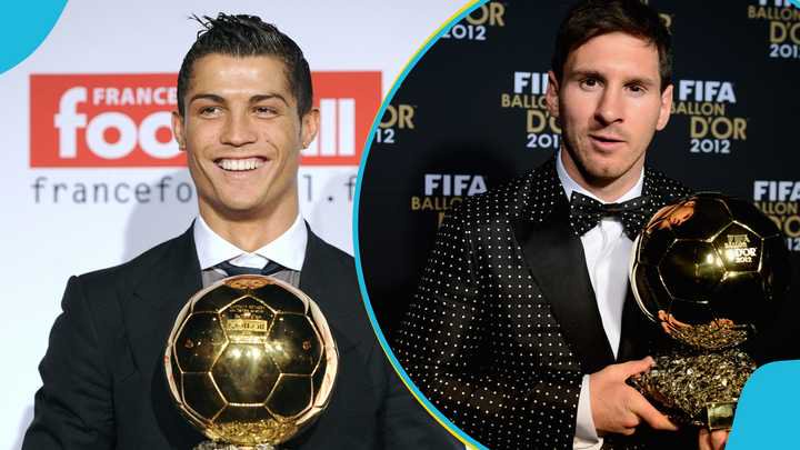 Cristiano Ronaldo vs Lionel Messi, Ronaldo 2007/08 season, Messi 2011/12 season, Ronaldo and Messi stats comparison, Ballon d'Or winners, Ronaldo 42 goals for Manchester United, Messi 73 goals for Barcelona, 2008 Ballon d'Or, 2012 Ballon d'Or.