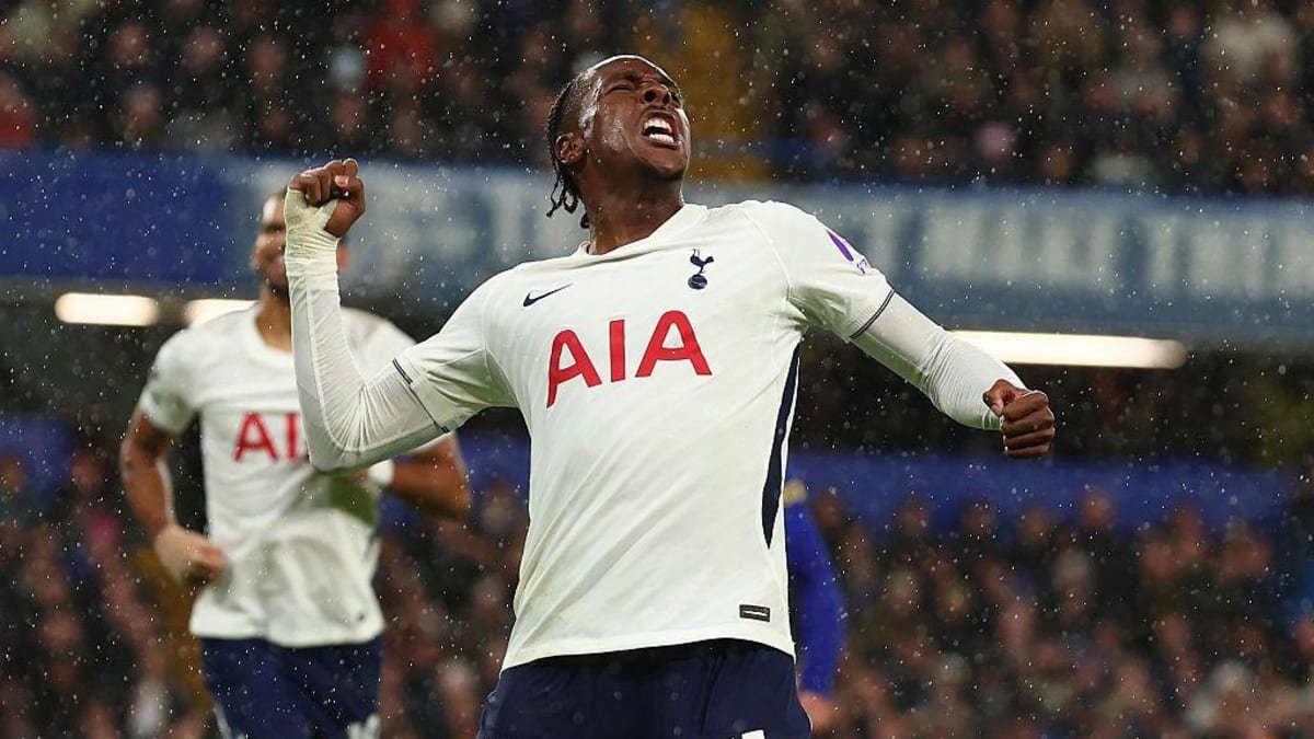 Mathys Tel of Tottenham Hotspur celebrates