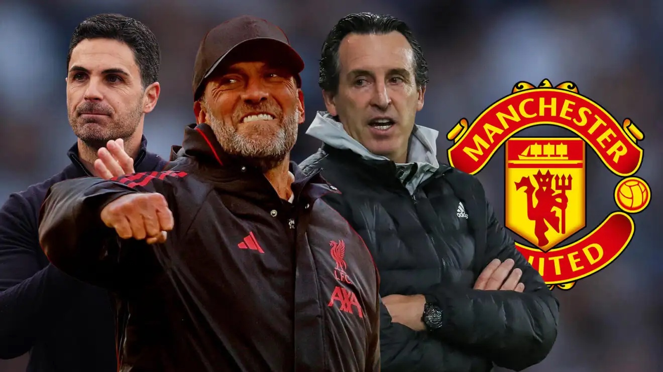 Jurgen Klopp, Mikel Arteta and Unai Emery with Man Utd badge.