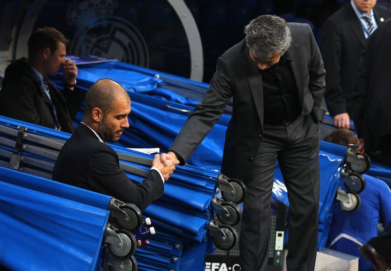 José Mourinho, during his first spell as Real manager, shakes hands with Pep Guardiola, then coach of Barcelona. Photograph: Alex Livesey/Getty