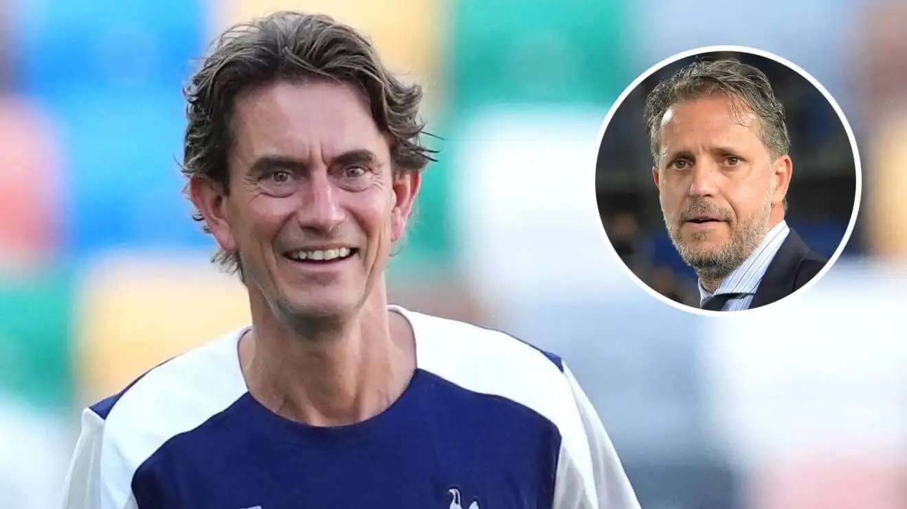 Tottenham manager Thomas Frank, alongside Spurs sporting director Fabio Paratici