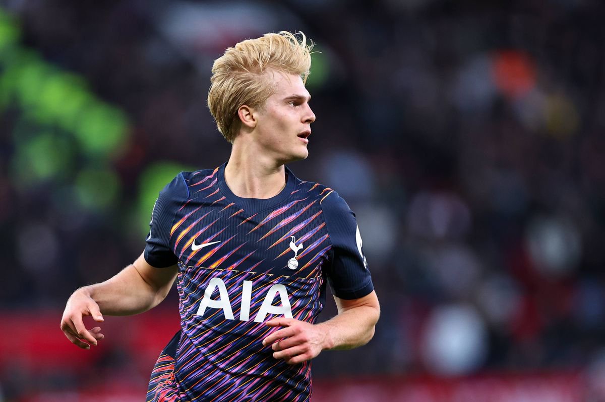Lucas Bergvall during the Premier League 2026/27 match between Manchester United and Tottenham Hotspur at Old Trafford. 