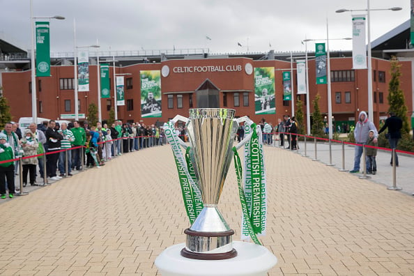 Trophy on display on the Celtic Way path to the stadium at the Scottish Premiership Match between Celtic and Inverness Caley Thistle at Celtic Park...