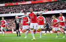 Gabriel of Arsenal celebrates scoring his team's first goal during the Premier League match between Arsenal FC and Crystal Palace at Emirates Stadi...
