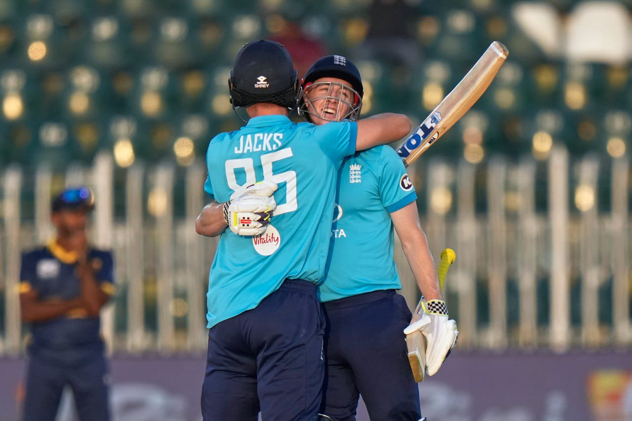 Harry Brook, right, hugs Will Jacks