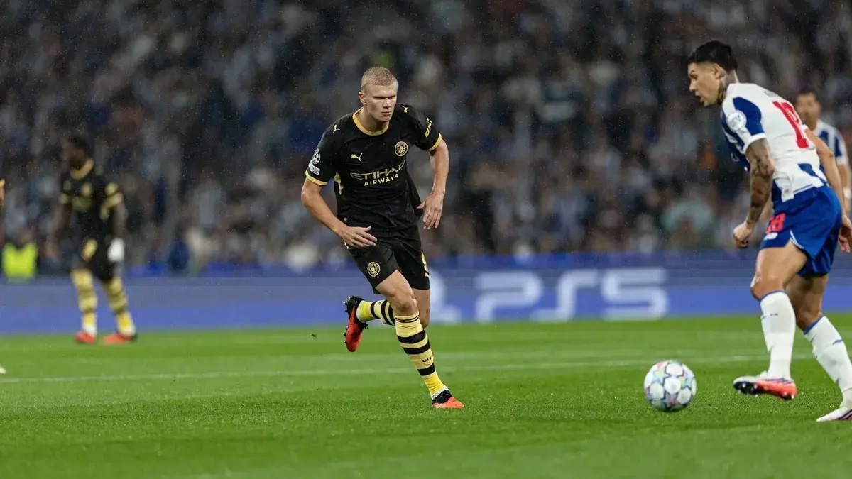 Erling Haaland in action during a Manchester City match.