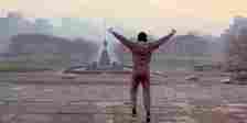 Sylvester Stallone as Rocky at the end of the workout montage with is arms raised in Rocky Balboa