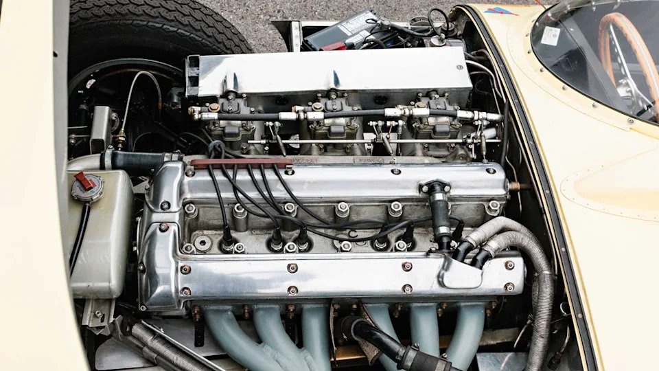 The 3.4-liter inline-six XK engine inside a 1956 Jaguar D-Type.