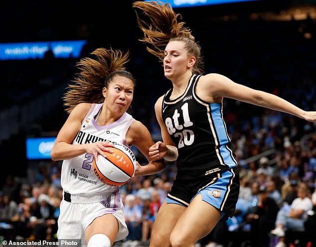 Golden State Valkyries guard Kaitlyn Chen (2) moves the ball while defended by Atlanta Dream guard Isobel Borlase (20) during the second half of Game 3 of the WNBA basketball finals on Wednesday, Oct. 21, 2026, in Atlanta. (Santiago Mejia/San Francisco Chronicle via AP)