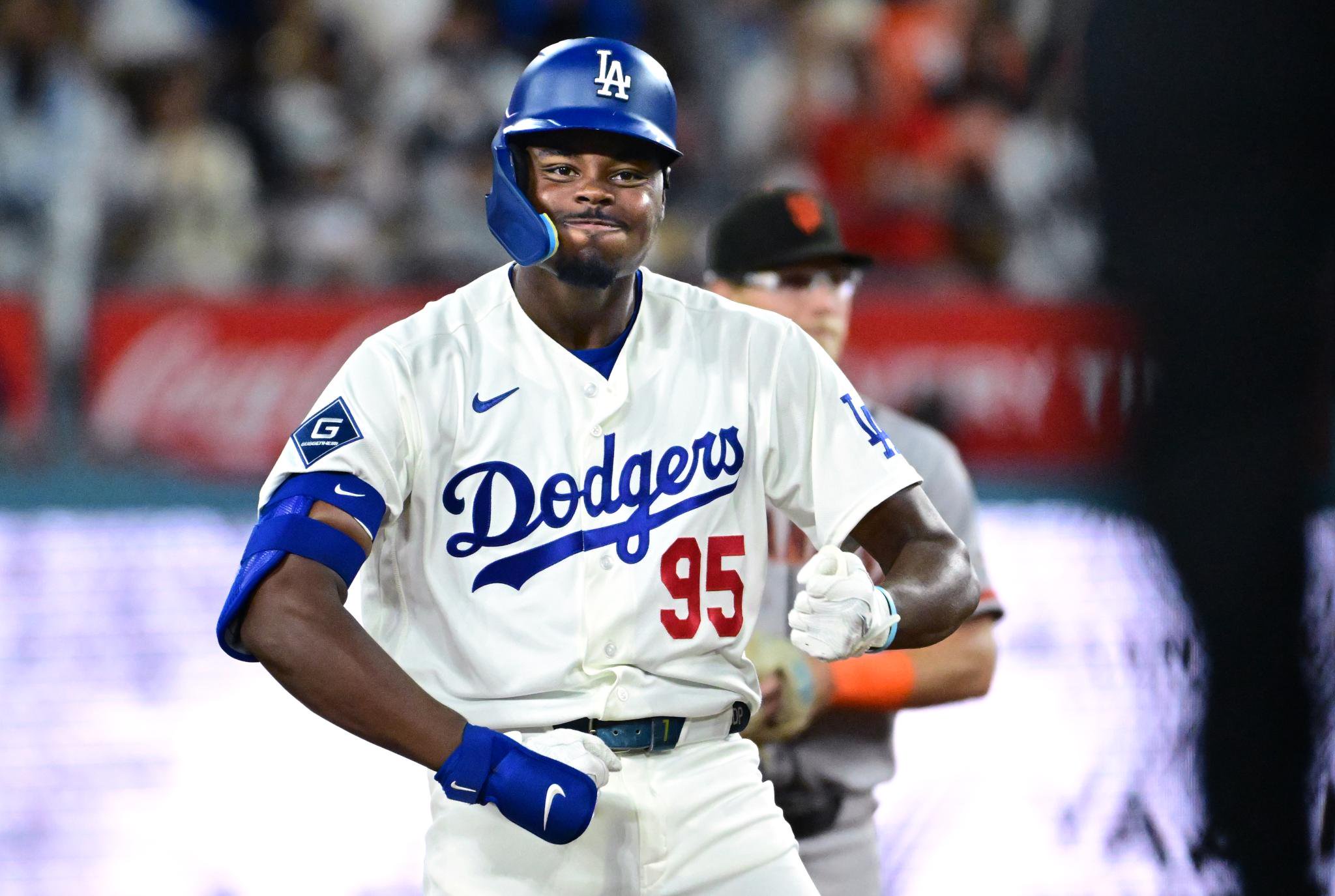 Los Angeles Dodgers' Josue De Paula celebrates his RBI double against the San Francisco Giants.