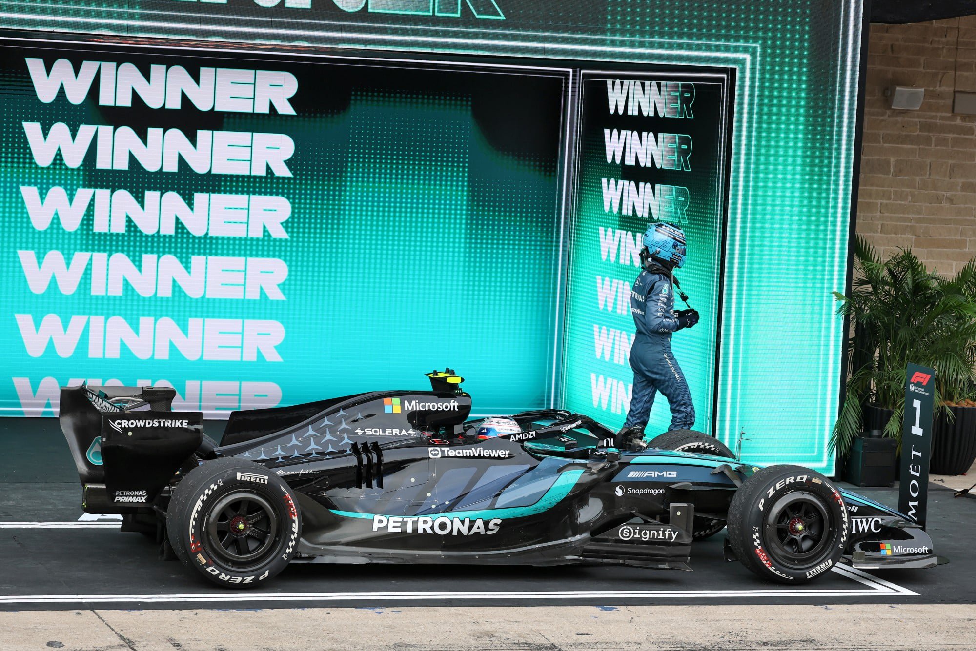 Race winner Andrea Kimi Antonelli (ITA) Mercedes AMG Formula One Team W17 in parc ferme with eighth placed George Russell (GBR) Mercedes AMG Formula One Team.