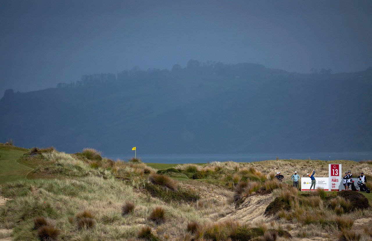 Cheng-Wei Hsieh of Chinese Taipei plays his stroke from the No. 13 tee during a practice session ahead of the 2026 Asia-Pacific Amateur Championship being played at the Te Arai Links, South Course in Auckland, New Zealand on Tuesday 27 October 2026.