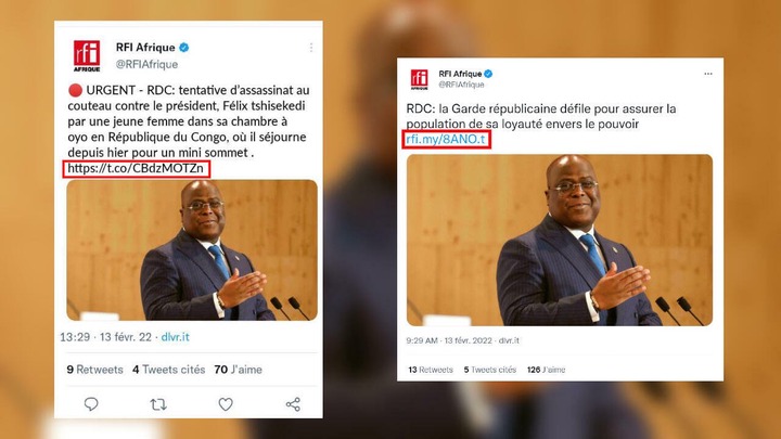 Comparaison des faux et vrais tweets du compte RFIAfrique. 17/02/2022.