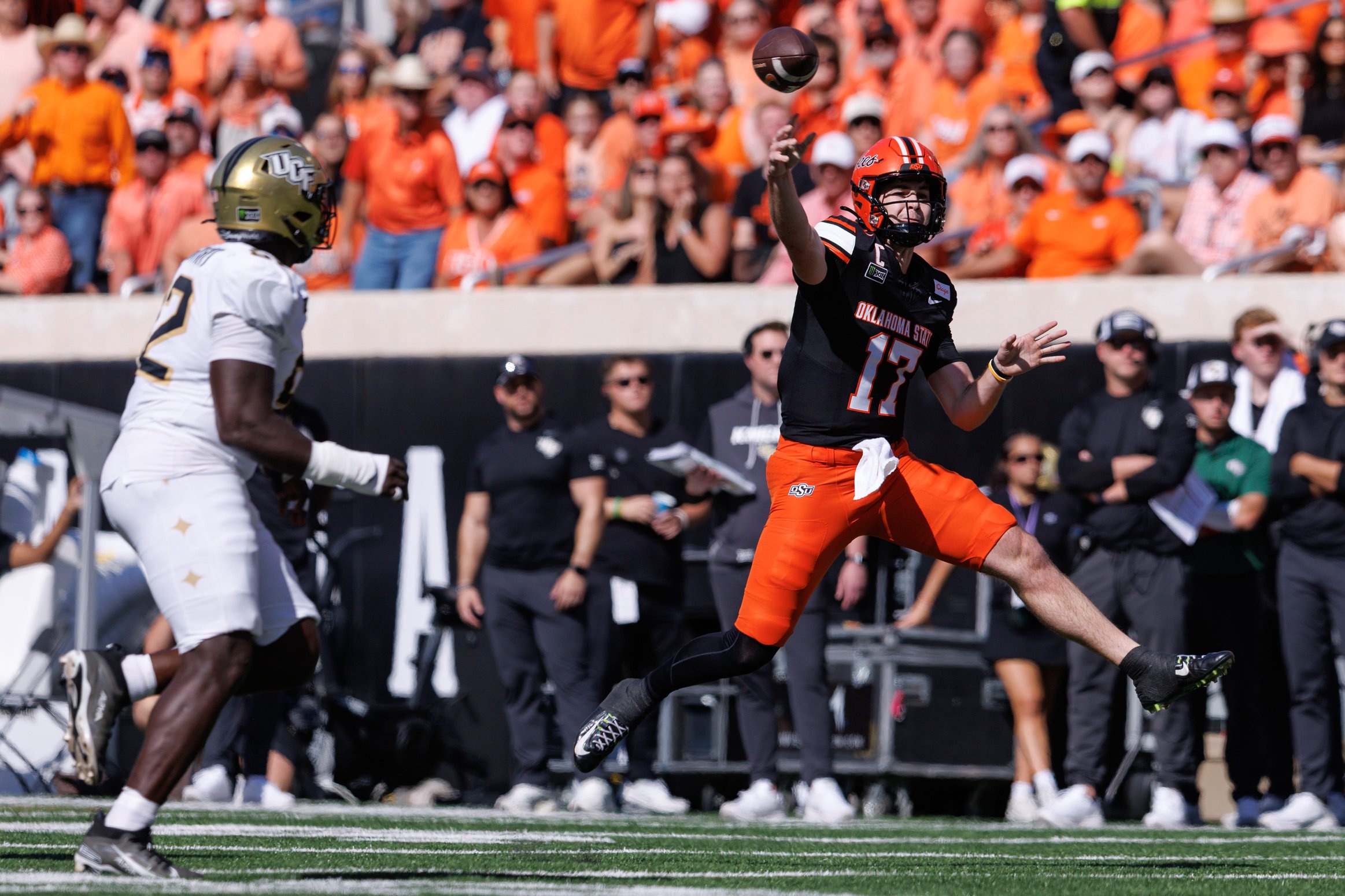 Oct 10, 2026; Stillwater, Oklahoma, USA;  Oklahoma State Cowboys quarterback Drew Mestemaker (17) passes during the first half against the UCF Knights at Boone Pickens Stadium.  Mandatory Credit: William Purnell-Imagn Images