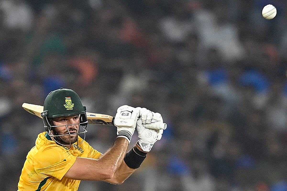 South Africa's captain Aiden Markram plays a shot during the 2026 ICC Men's T20 Cricket World Cup group stage match between New Zealand and South Africa at the Narendra Modi Stadium in Ahmedabad.