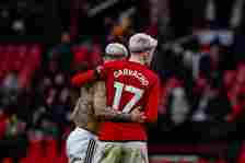 Alejandro Garnacho and Antony of Manchester United walk off after the Premier League match between Manchester United and West Ham United at Old Tra...