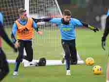 (L-R) Leandro Trossard and Jorginho of Arsenal during a training session at London Colney on December 08, 2023 in St Albans, England.