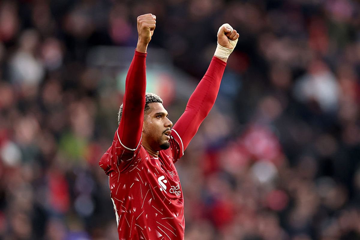 LIVERPOOL, ENGLAND - OCTOBER 25: Ronald Araujo of Liverpool celebrates after the Premier League 2026/27 match between Liverpool FC and Brighton & Hove Albion at Anfield on October 25, 2026 in Liverpool, England. (Photo by Jan Kruger/Getty Images)