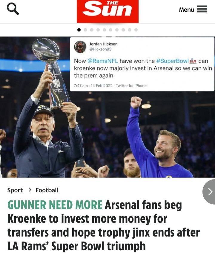 Arsenal fans beg Kroenke to invest more money for transfers and hope trophy  jinx ends after LA Rams' Super Bowl triumph