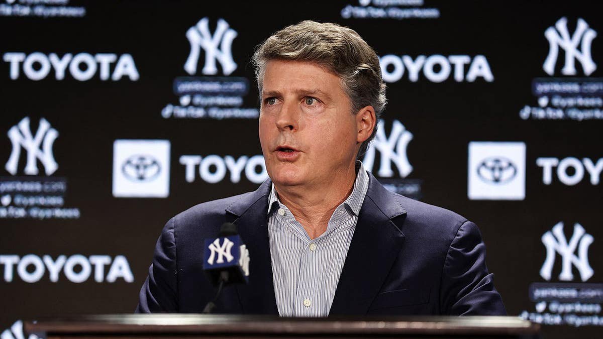 Hal Steinbrenner speaks during a press conference at Yankee Stadium.