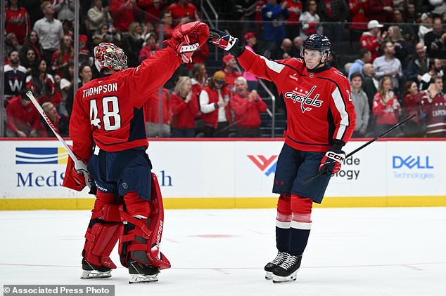 Washington Capitals left wing Aliaksei Protas (21), right, celebrates his goal with goaltender Logan Thompson (48) during the second period of an NHL hockey game against the Philadelphia Flyers, Wednesday, Oct. 28, 2026, in Washington. (AP Photo/Nick Wass)