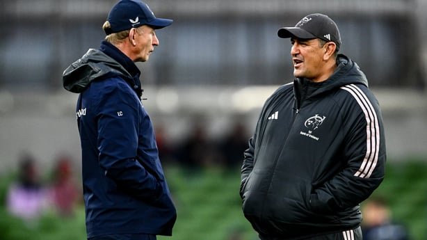 24 October 2026; Leinster head coach Leo Cullen and Munster head coach Clayton McMillan, right, before the United Rugby Championship match between Leinster and Munster at the Aviva Stadium in Dublin. Photo by Shauna Clinton/Sportsfile
