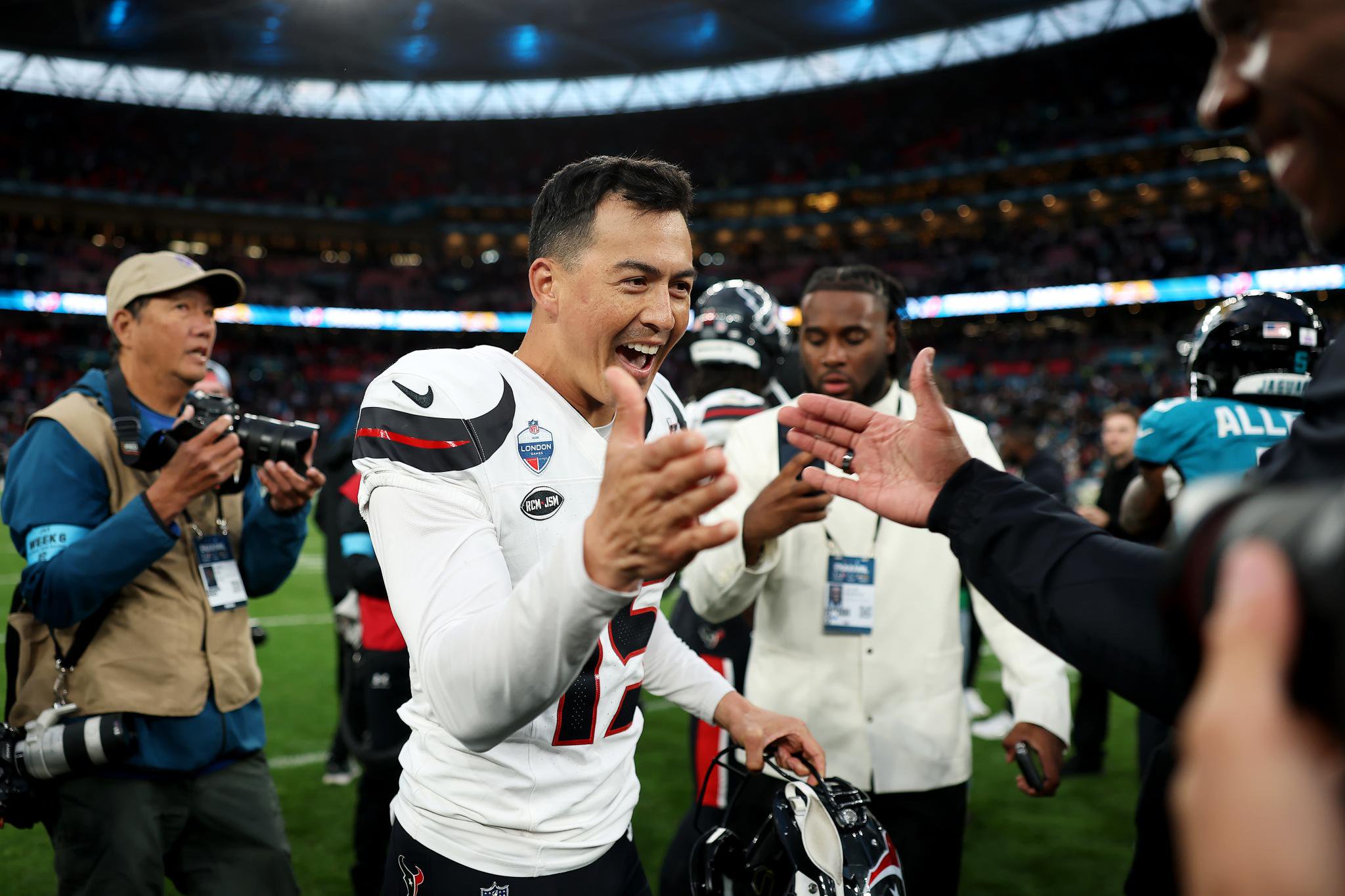 Ka'imi Fairbairn of the Houston Texans celebrates after the team's victory in the NFL London Series match between Houston Texans and Jacksonville Jaguars at Wembley Stadium on October 18, 2026 in London, England.
