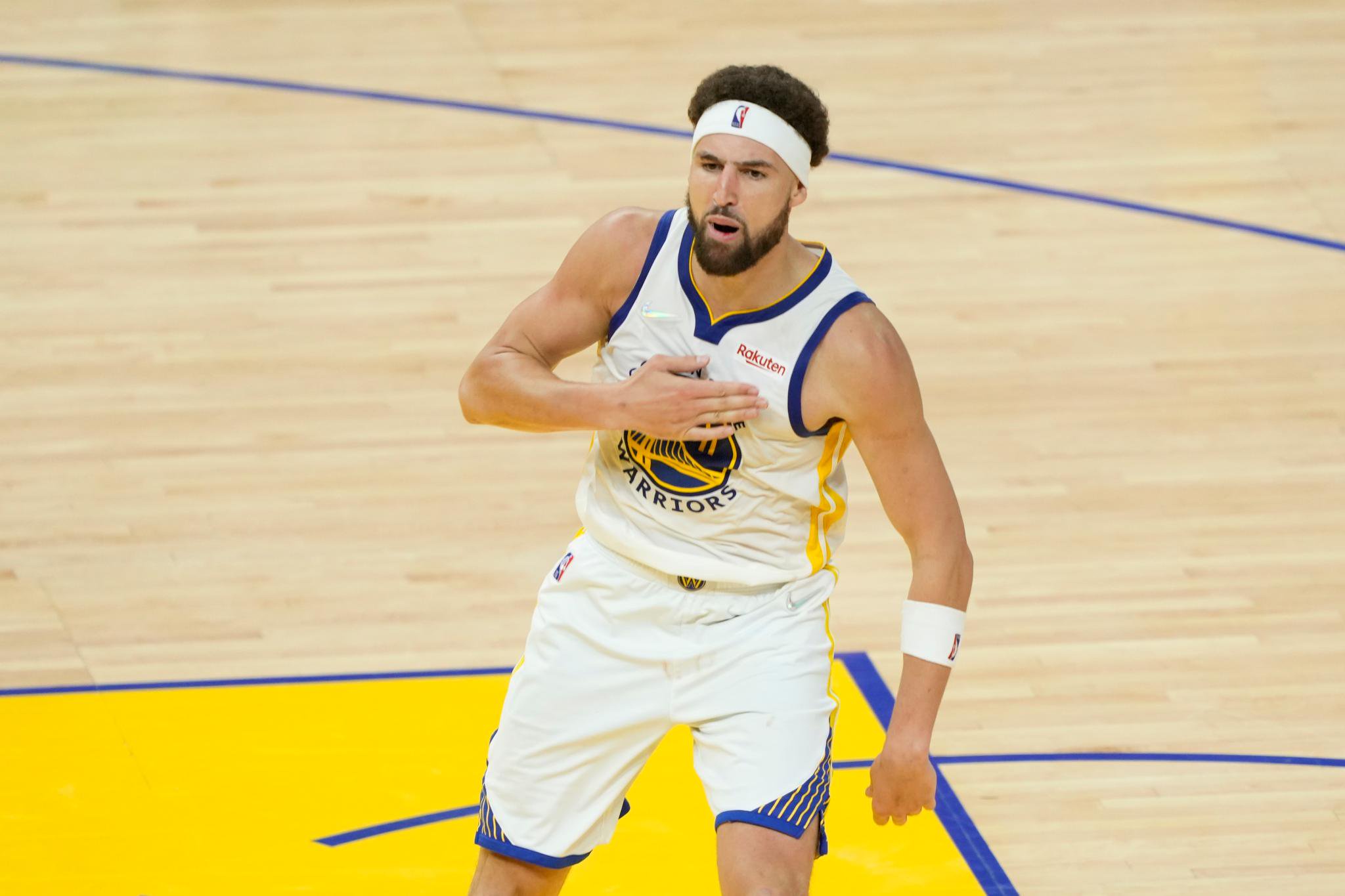 Golden State Warriors player Klay Thompson on the court during game five of the NBA Finals.