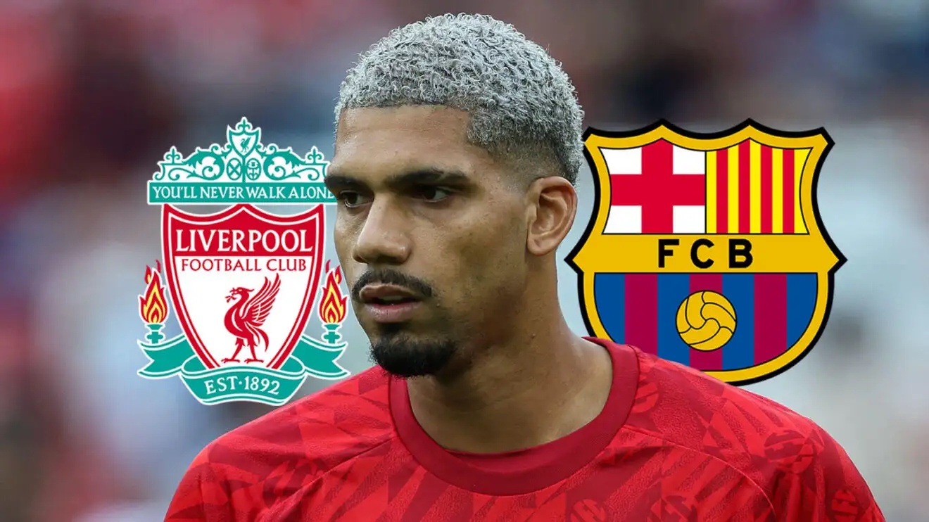 Liverpool badge, Ronald Araujo and Barcelona badge - copyright F365