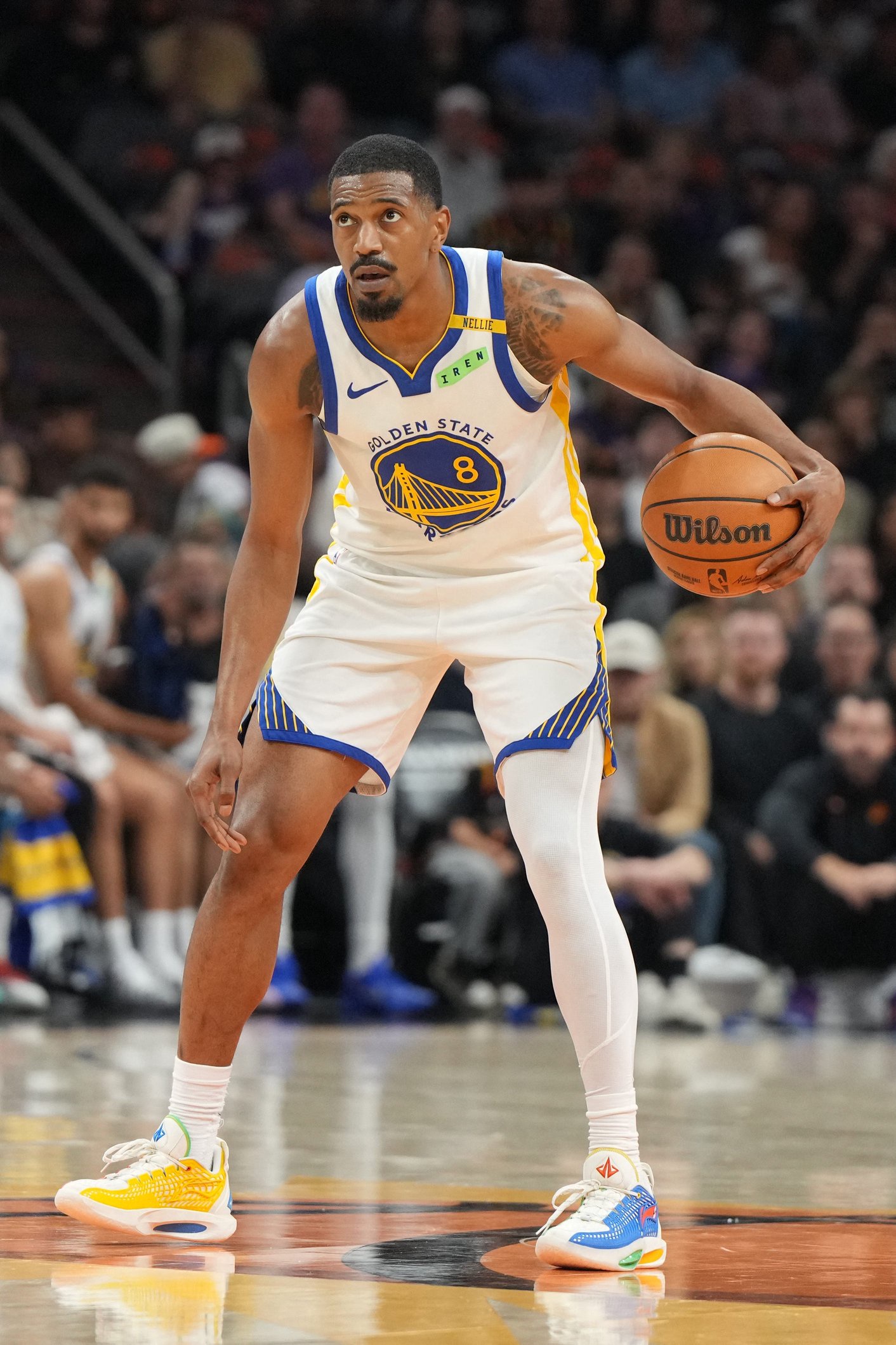Oct 24, 2026; Phoenix, Arizona, USA;  Golden State Warriors guard De'anthony Melton (8) drives against the Phoenix Suns in the first half at Mortgage Matchup Center.  Mandatory Credit: Rick Scuteri-Imagn Images