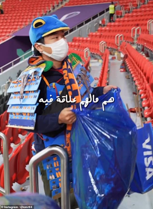 Fans dressed in their national colours stayed behind to pick up bottles and food wrapping left in the stands