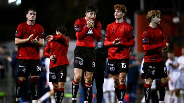 23 October 2026; Bohemians players, from left, Cian Byrne, Colm Whelan, Senan Mullen and Harry Vaughan react aftr the SSE Airtricity Men's Premier Division match between Bohemians and Shelbourne at Dalymount Park in Dublin. Photo by Ben McShane/Sportsfile