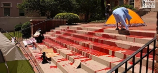 Anti-Israel demonstrators gather at UNC-Chapel Hill Chancellor's office, smear red paint on building