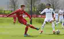 (THE SUN OUT, THE SUN ON SUNDAY OUT) Josh Davidson of Liverpool and Keenan Carole of Leeds United in action during the U18 Premier League game at A...