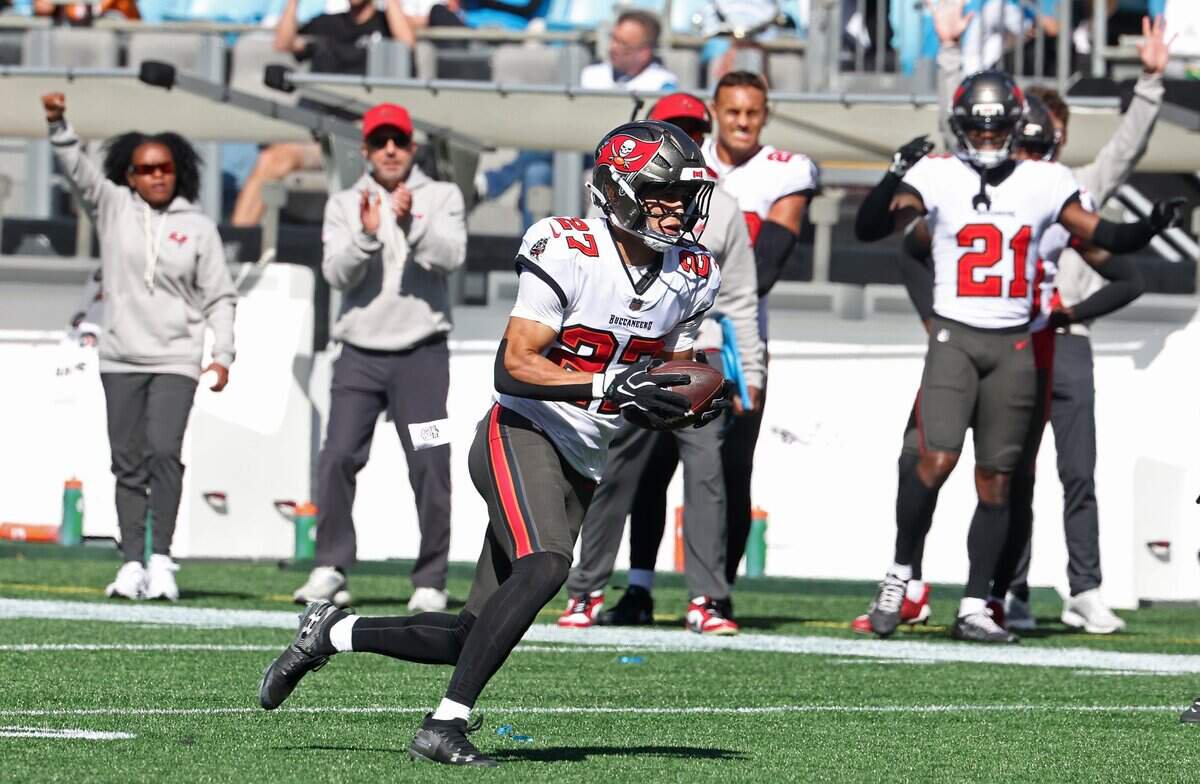 Tampa Bay Buccaneers cornerback Zyon McCollum intercepts a pass by Carolina Panthers quarterback Bryce Young during action at Bank of America Stadium in Charlotte, NC on Sunday, October 25, 2026.